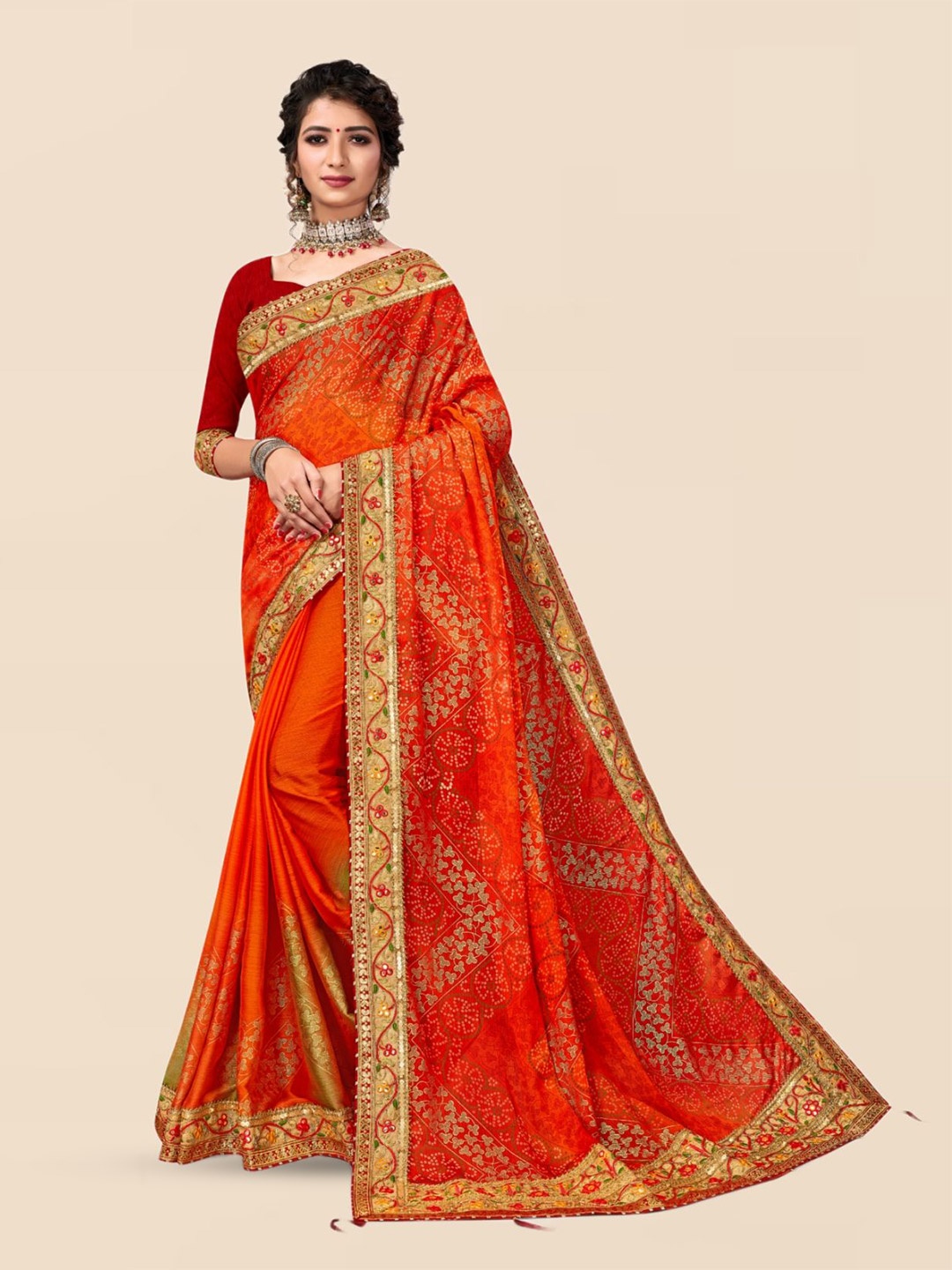 

DIVASTRI Bandhani Poly Chiffon Designer Bandhani Saree, Orange