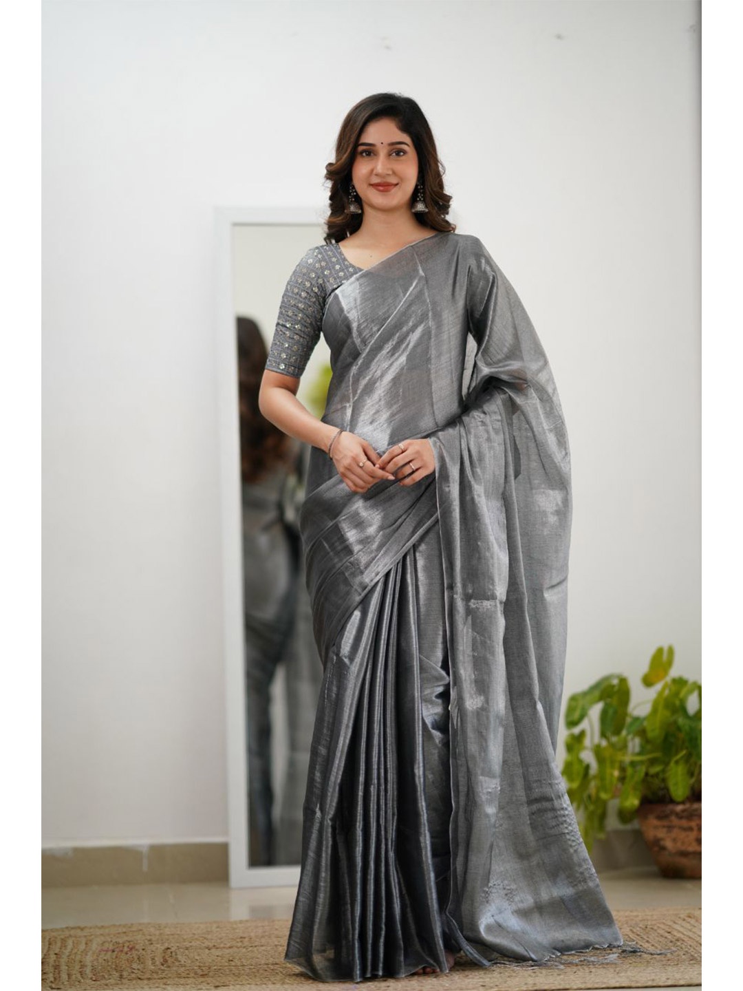 

Sutisancha Grey Handloom Tissue Saree With Designer Blouse