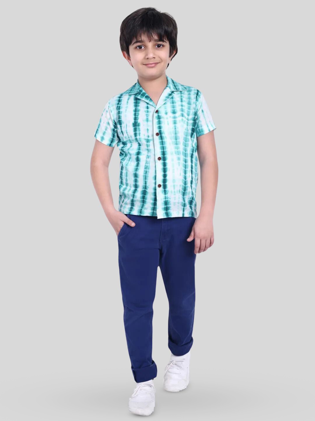 

MOSHI Boys Classic Fit Cuban Collar Abstract Printed Cotton Casual Shirt, Sea green