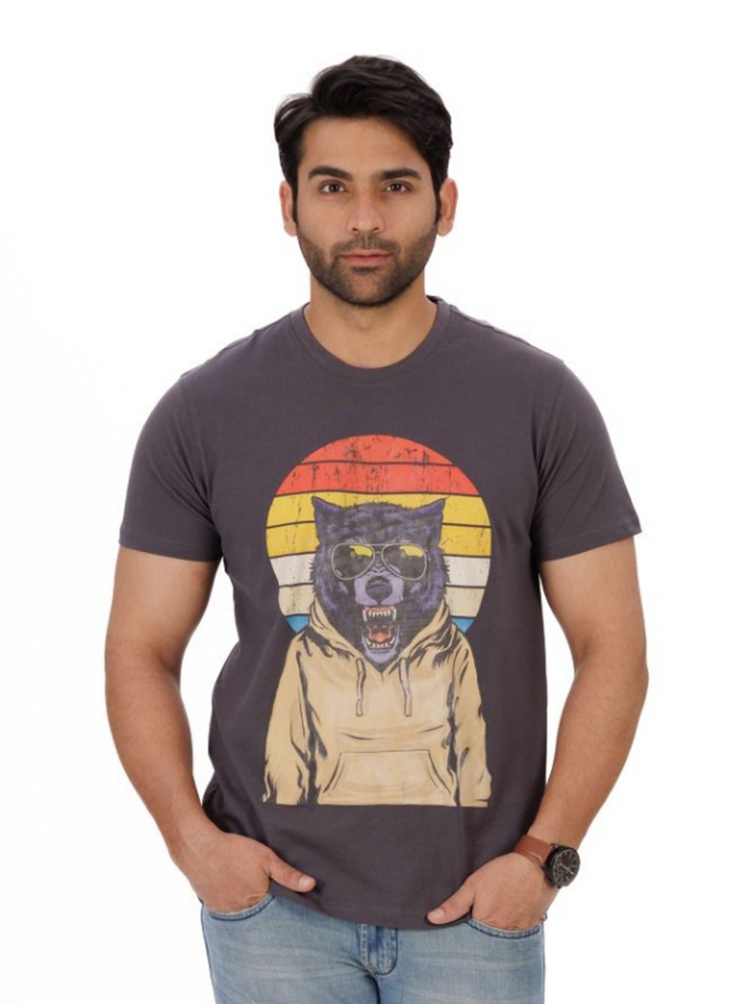 

Everestwolf Men Graphic Printed Round Neck Cotton T-shirt, Grey