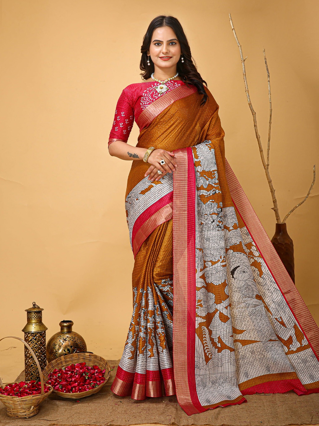 

KALINI Kalamkari Zari Banarasi Saree, Orange