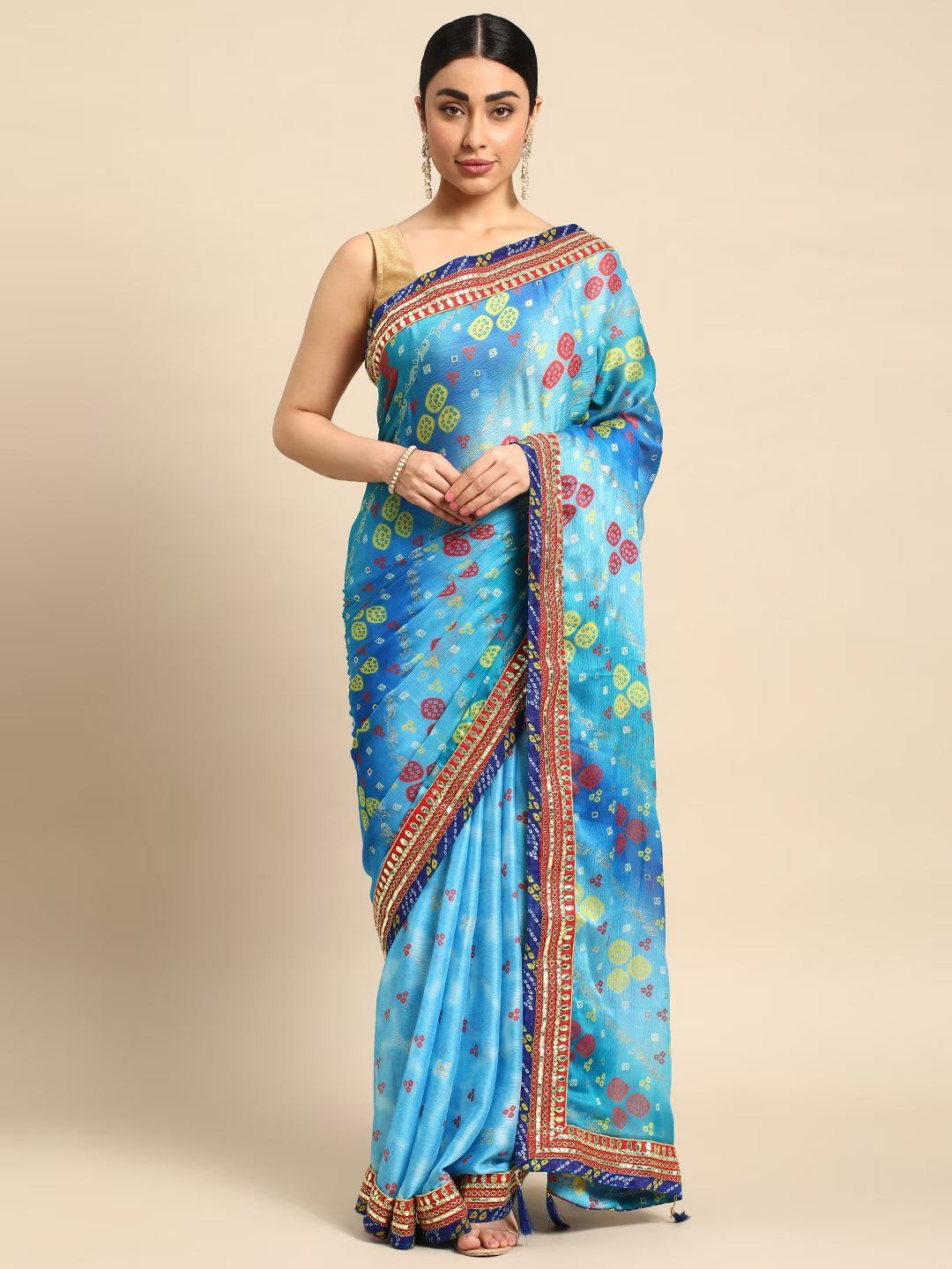

DIVASTRI Bandhani Gotta Patti Poly Chiffon Bandhani Saree, Blue