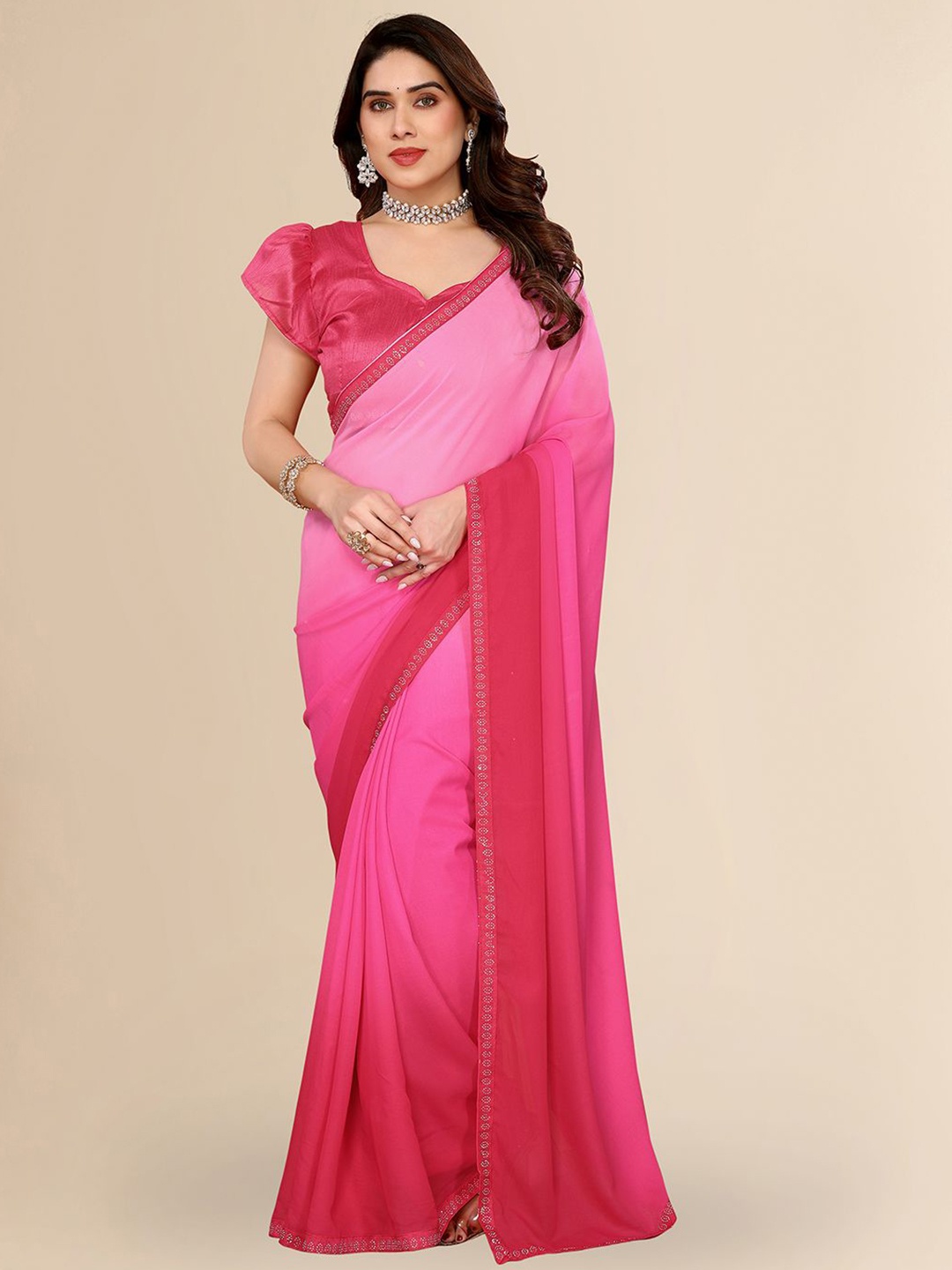 

Moda Rapido Ombre Beads and Stones Poly Georgette Saree, Pink