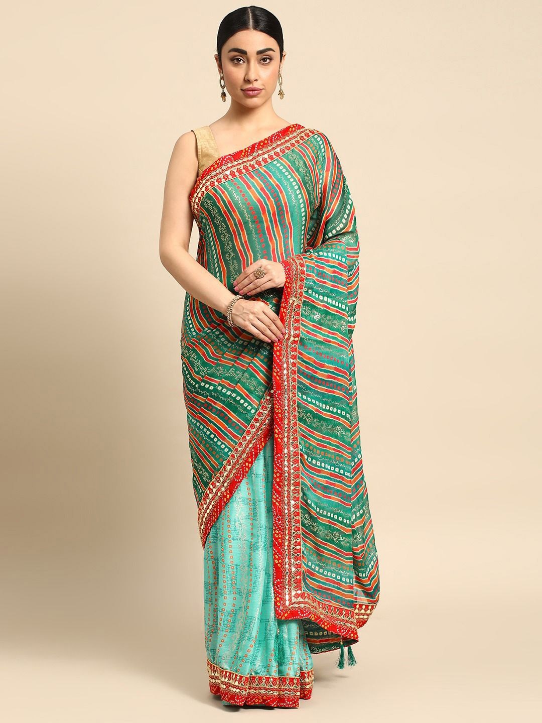 

DIVASTRI Bandhani Gotta Patti Poly Chiffon Bandhani Saree, Blue