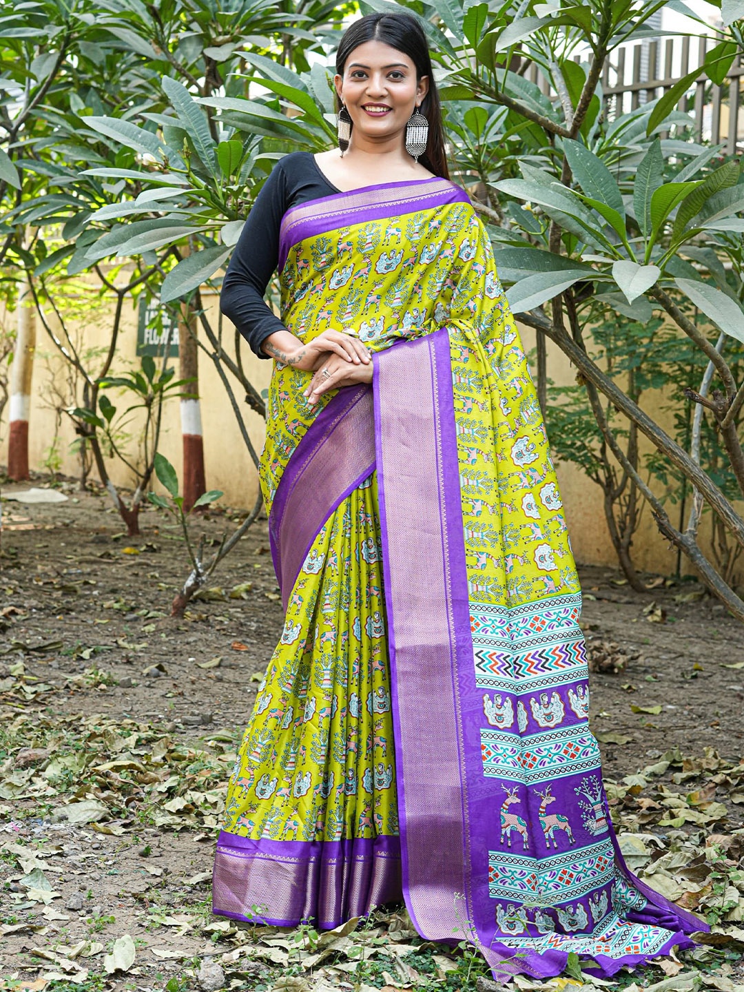 

KALINI Kalamkari Printed Zari Banarasi Saree, Yellow