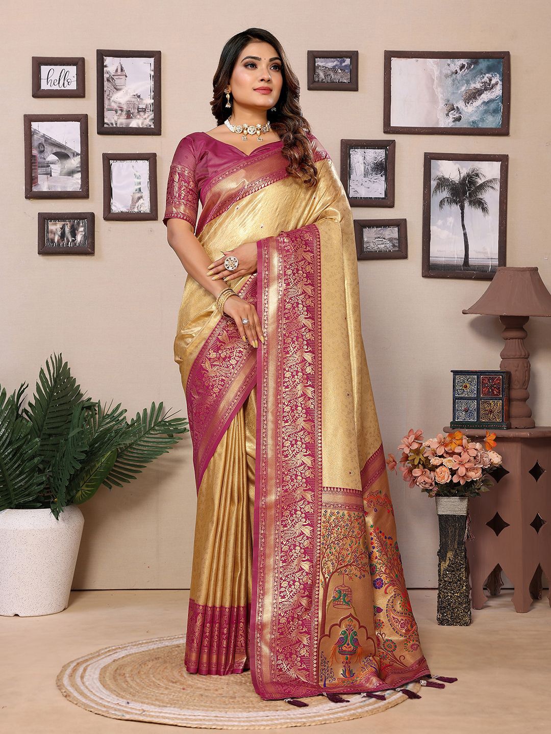 

LeeliPeeri Designer Woven Design Zari Silk Blend Banarasi Saree, Beige