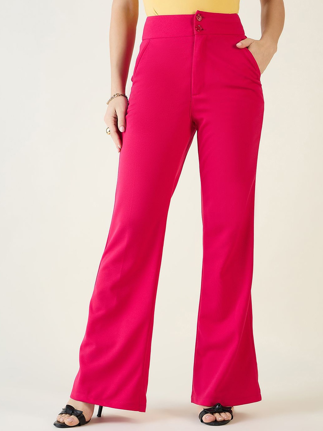 

aayu Women Relaxed Flared High-Rise Wrinkle Free Trousers, Pink