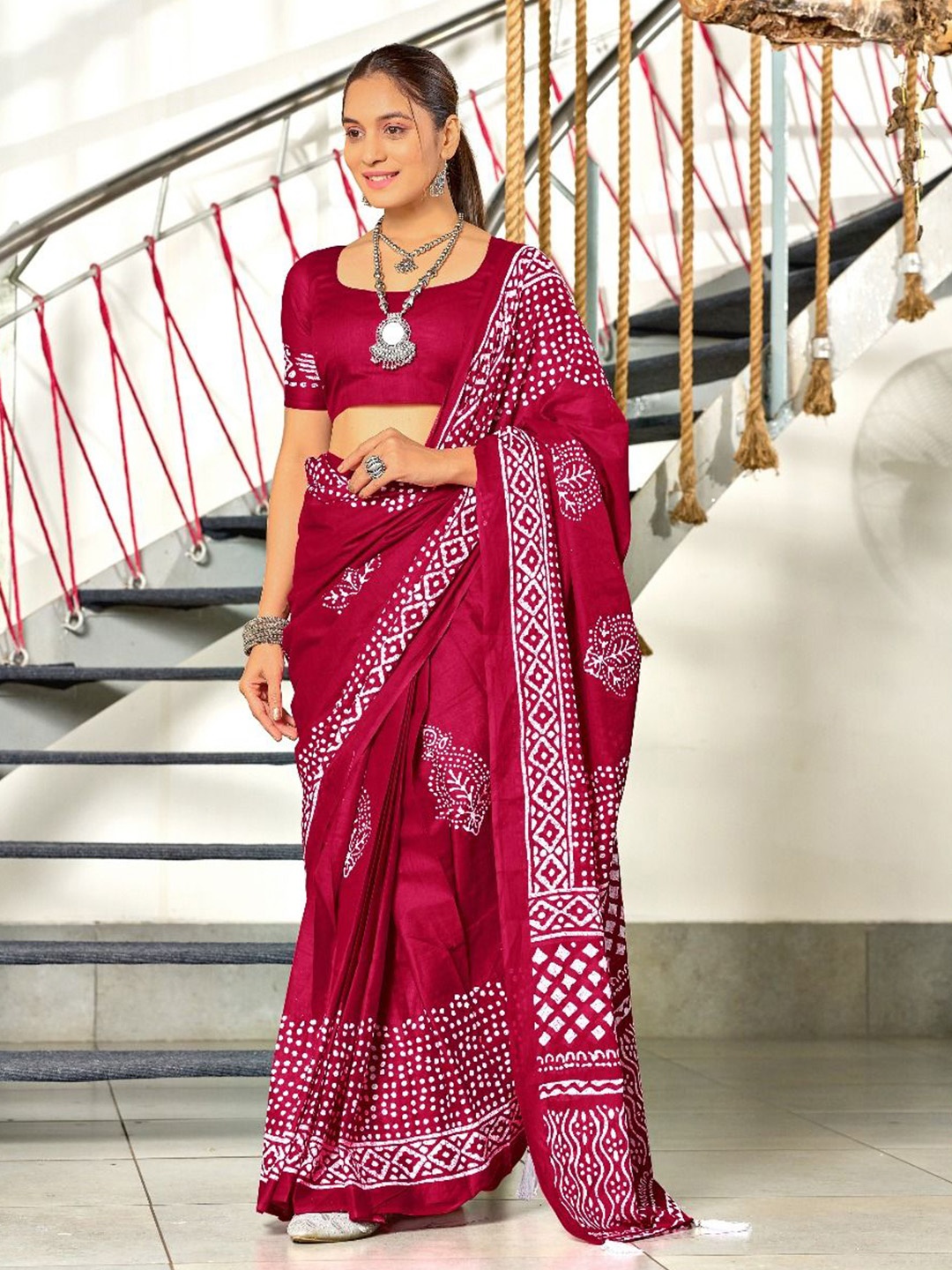 

Anouk Batik Pure Cotton Block Print Saree, Pink