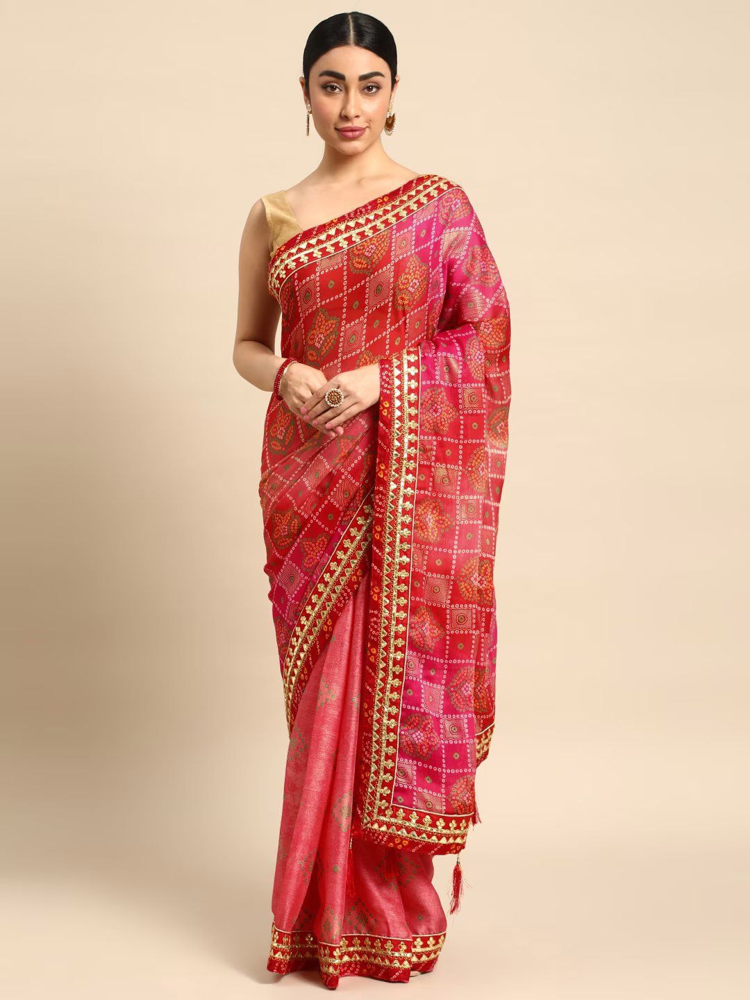 

DIVASTRI Bandhani Gotta Patti Poly Chiffon Designer Bandhani Saree, Red