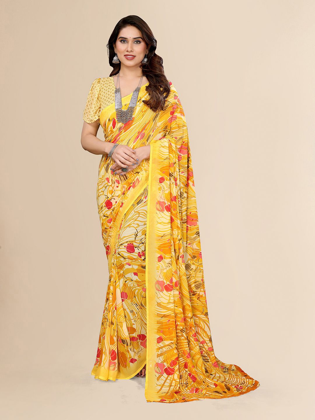 

Moda Rapido Ethnic Motifs Poly Georgette Saree, Yellow