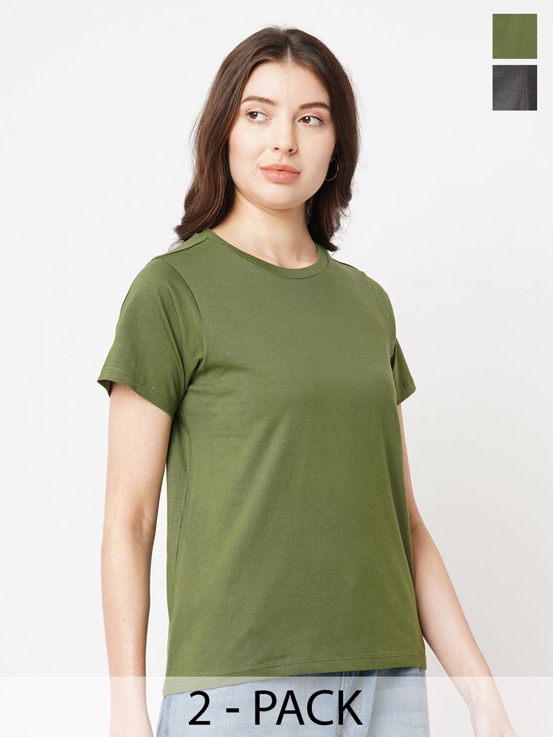 

The Roadster Lifestyle Co. Women Pack Of 2 Solid Round Neck Cotton T-shirts, Olive