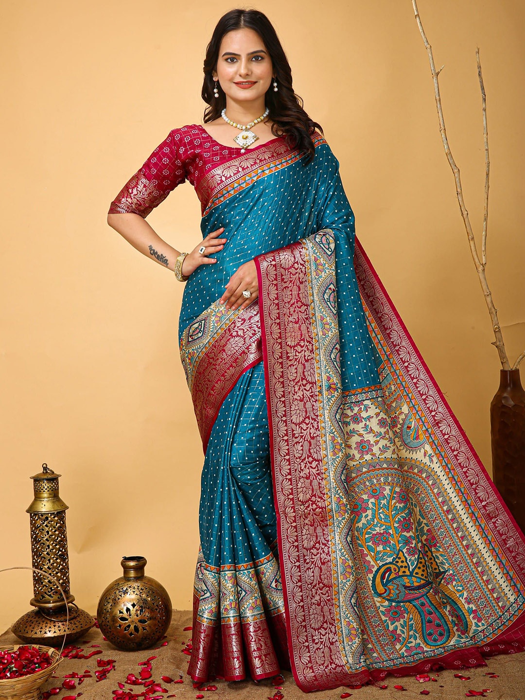 

KALINI Bandhani Zari Art Silk Banarasi Saree, Blue