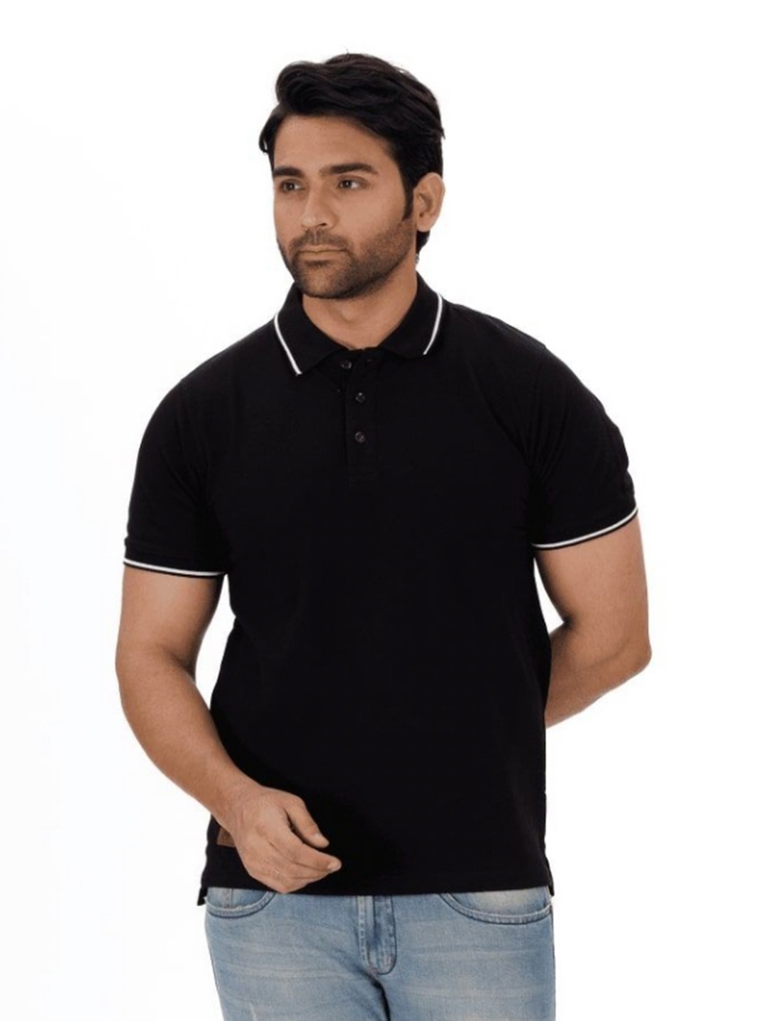 

Everestwolf Men Solid Polo Collar Cotton T-shirt, Black