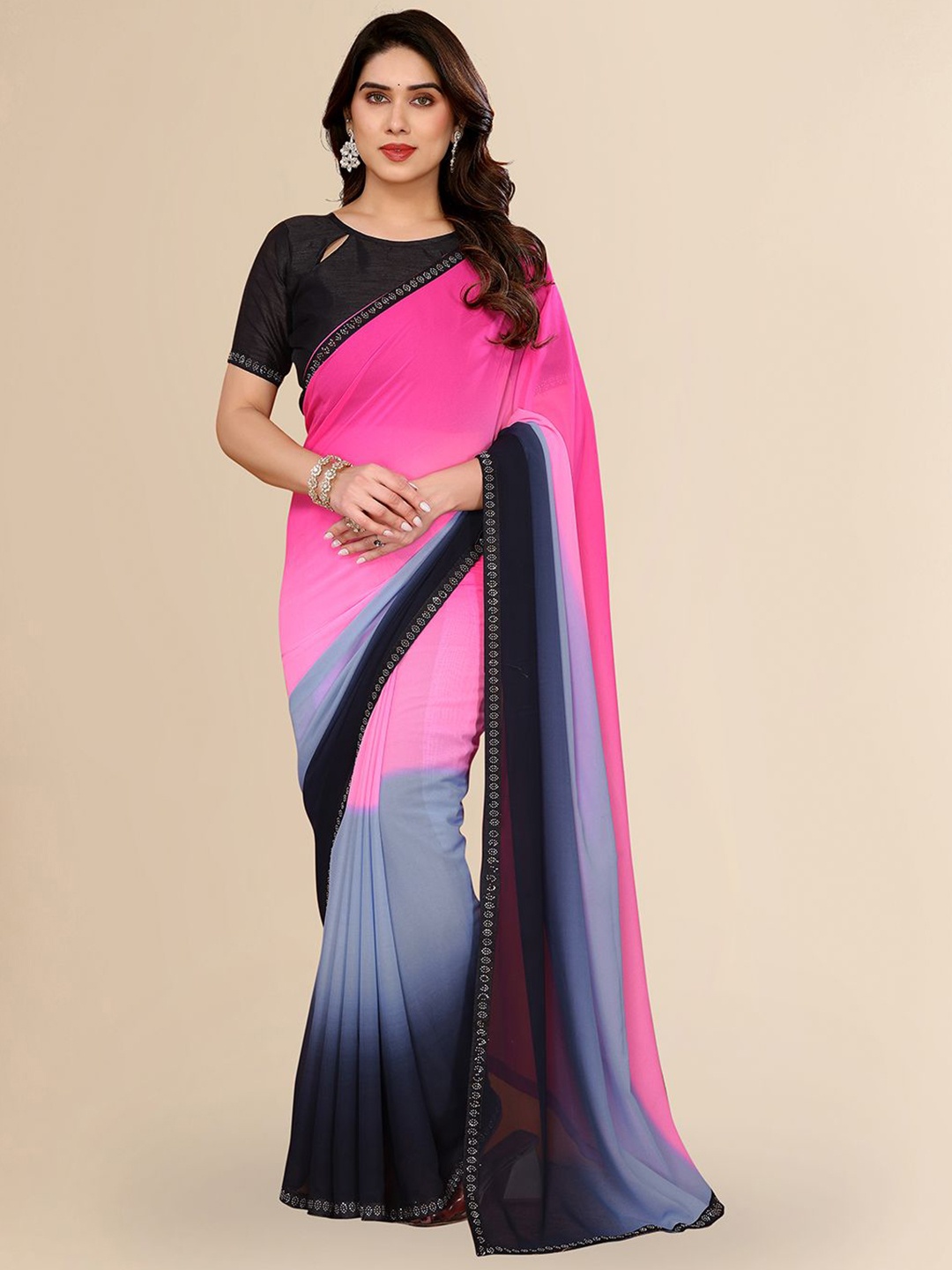 

Moda Rapido Women Ombre Lace Border Half and Half Saree, Pink