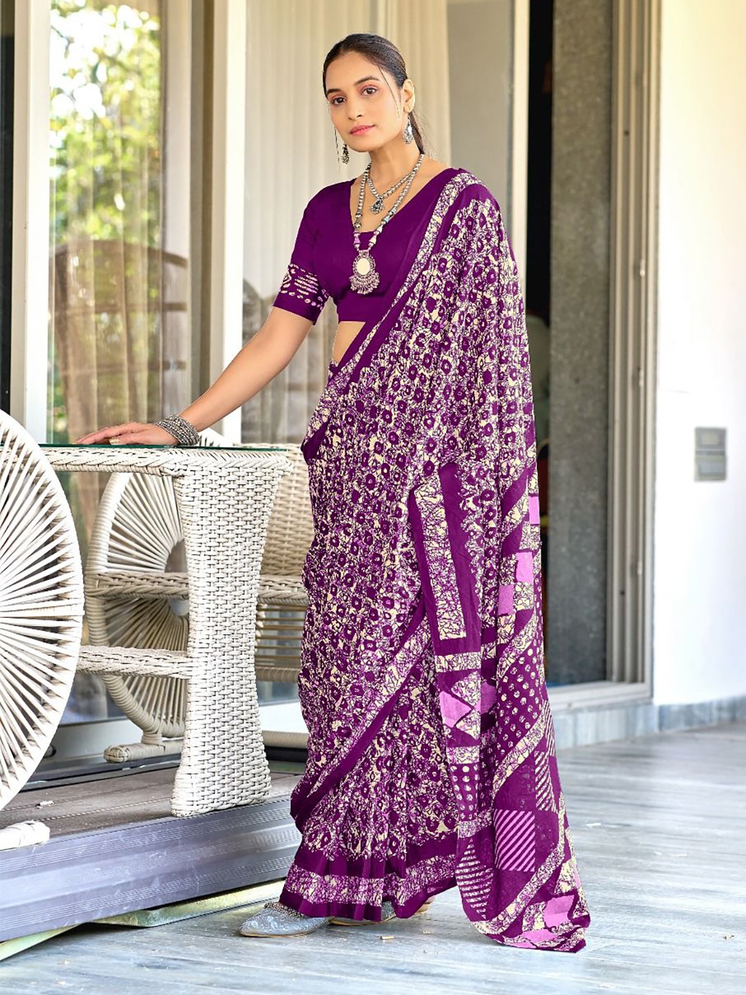 

Anouk Floral Pure Cotton Block Print Saree, Purple