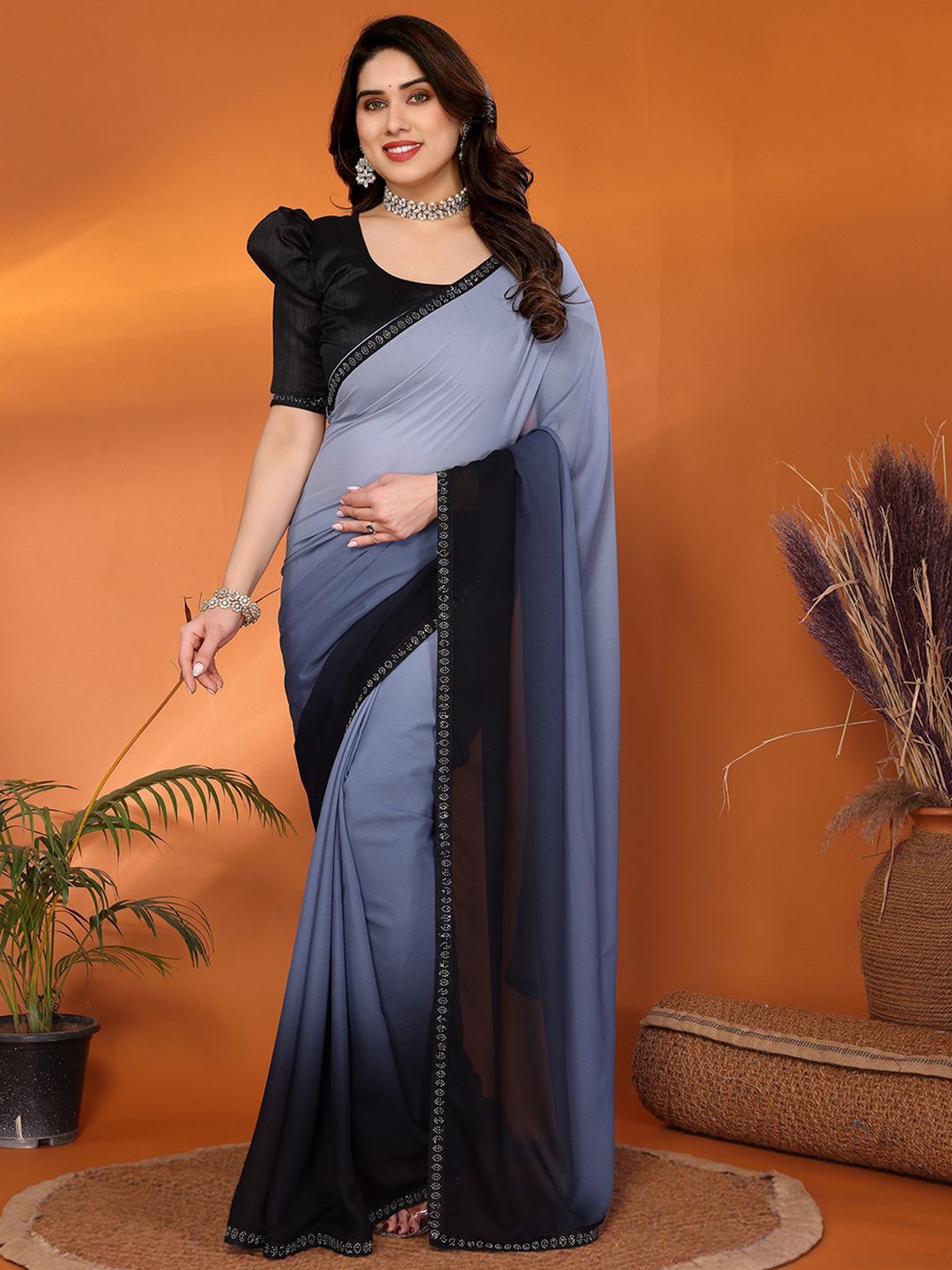 

Moda Rapido Ombre Beads and Stones Saree, Grey