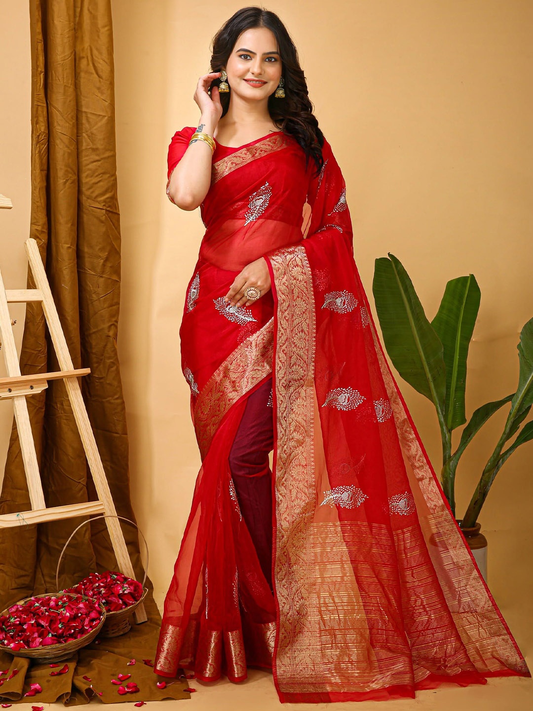 

KALINI Women Ethnic Motifs Zari Banarasi Saree, Red