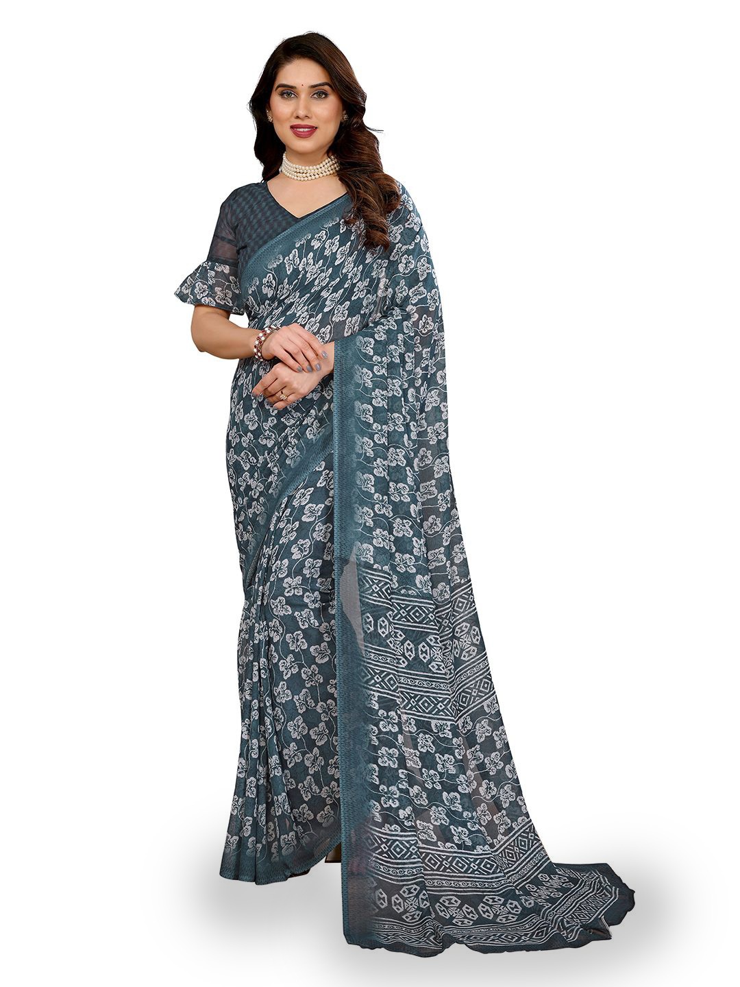 

Moda Rapido Floral Poly Georgette Saree, Teal