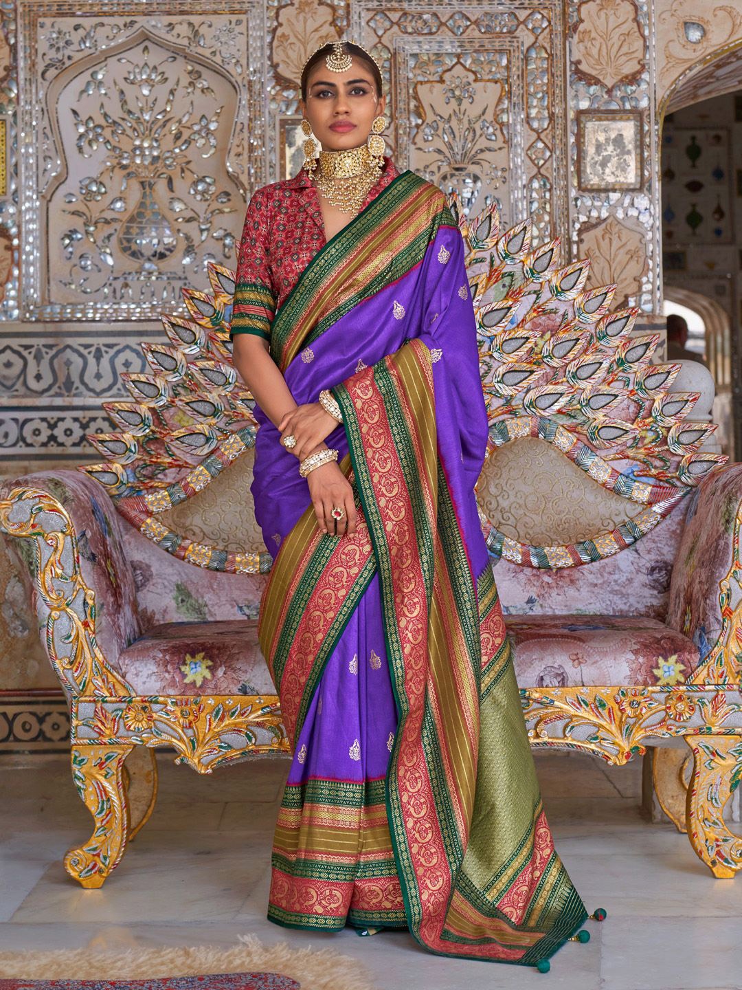 

Anouk Ethnic Motifs Printed Zari Sungudi Saree, Violet