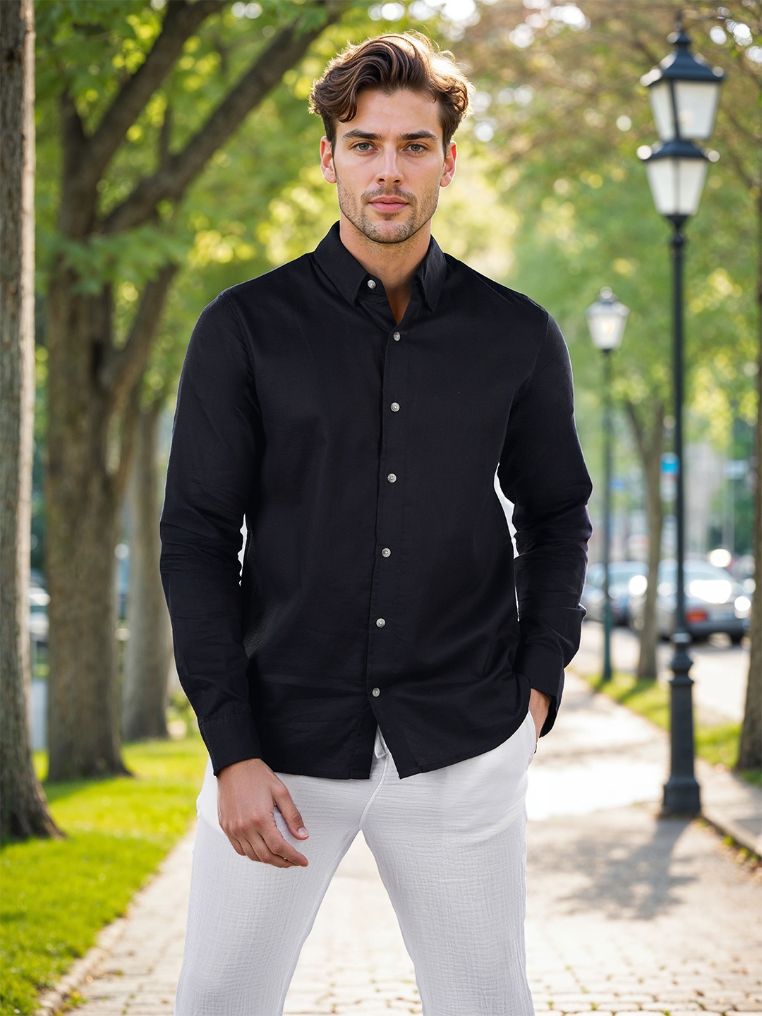 

Celio Men Classic Fit Spread Collar Solid Cotton Casual Shirt, Black