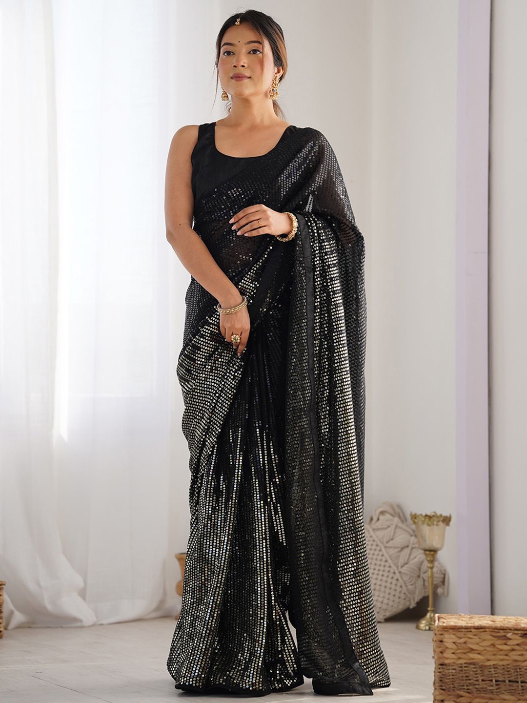 

Mitera Embellished Sequinned Saree, Black