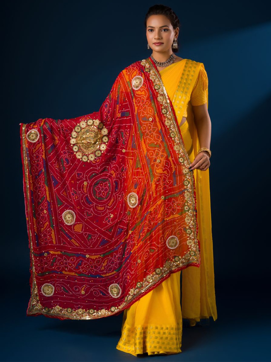 

KCPC BANDHANI Embroidered Pure Georgette Dupatta With Zari, Red