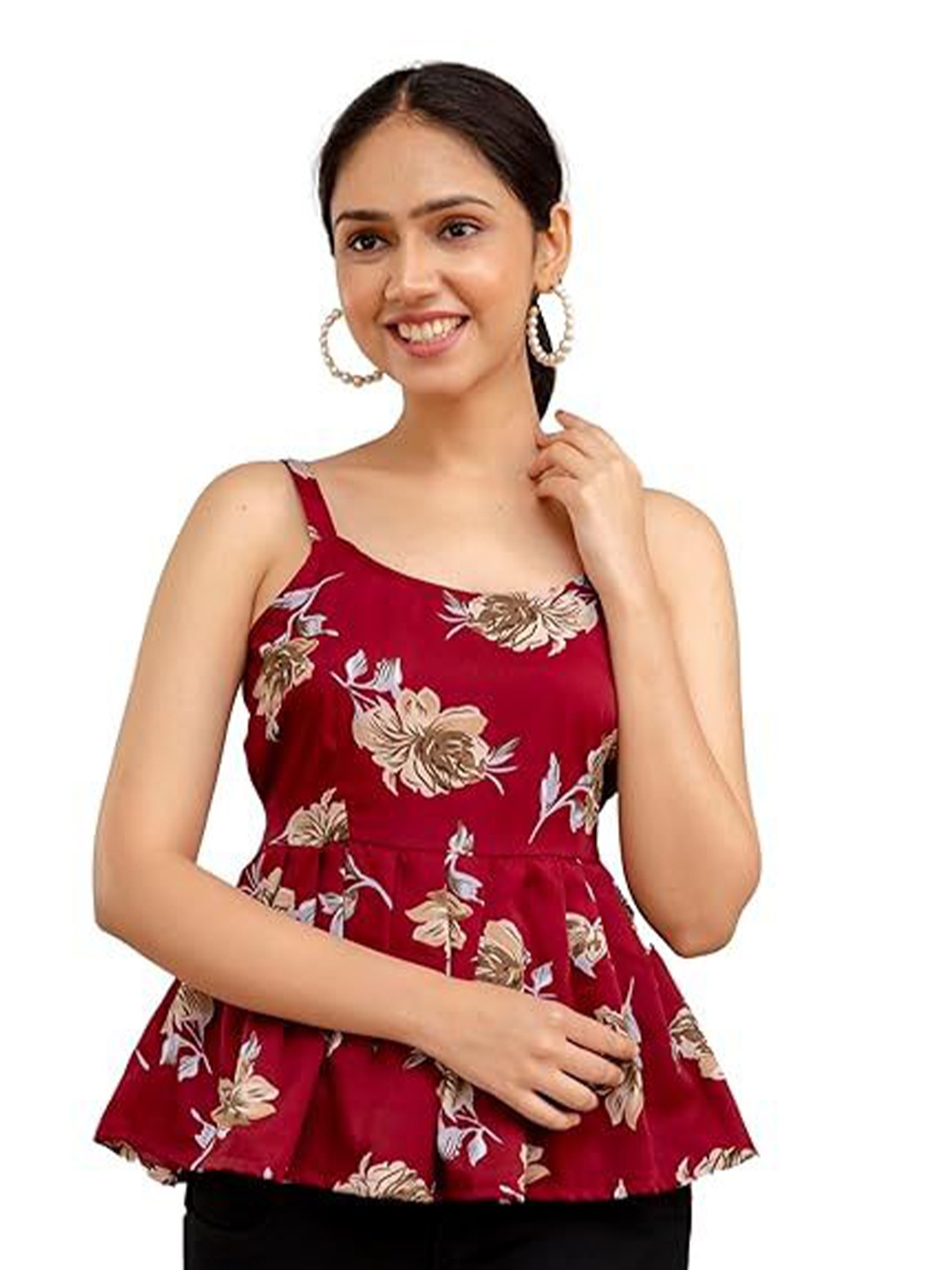 

Madnoo Women Floral Printed Shoulder Straps Peplum Top, Maroon