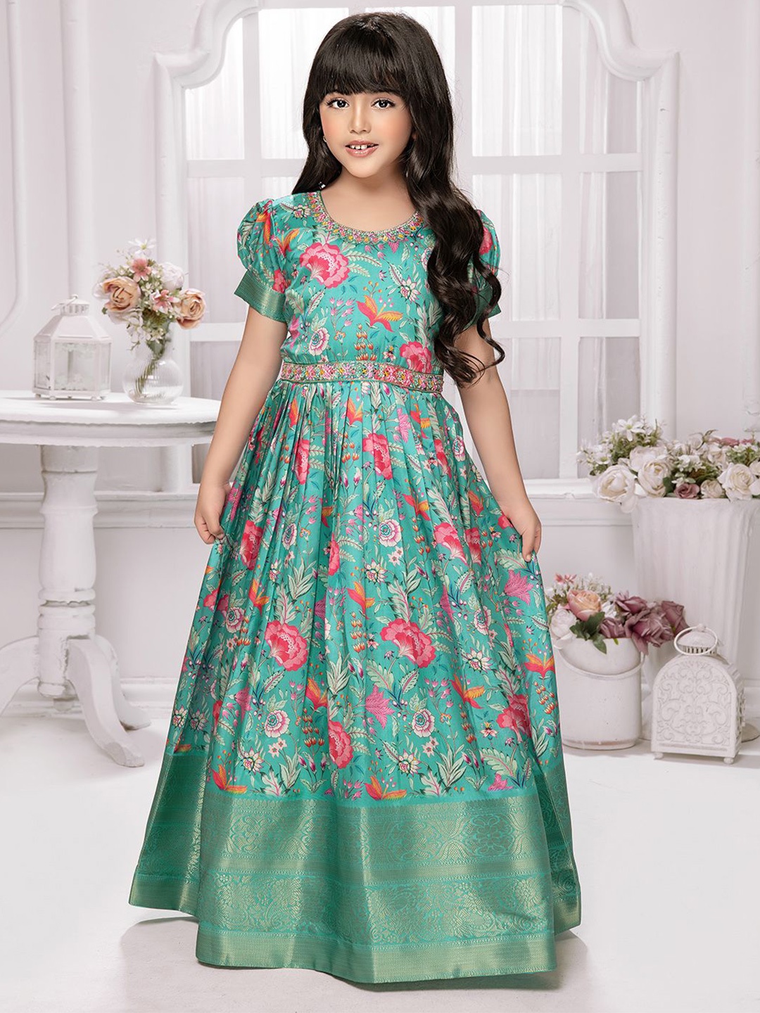 

Tiny Kingdom Girls Floral Printed Georgette Maxi Dress, Blue