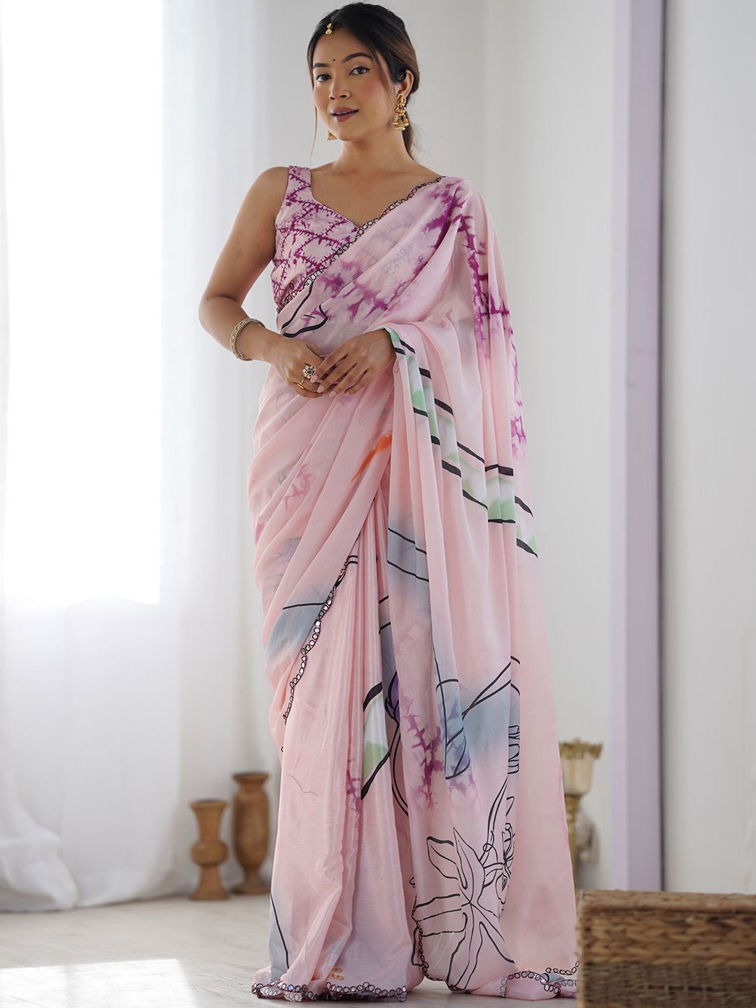 

Mitera Printed Embellished Mirror Work Saree, Pink