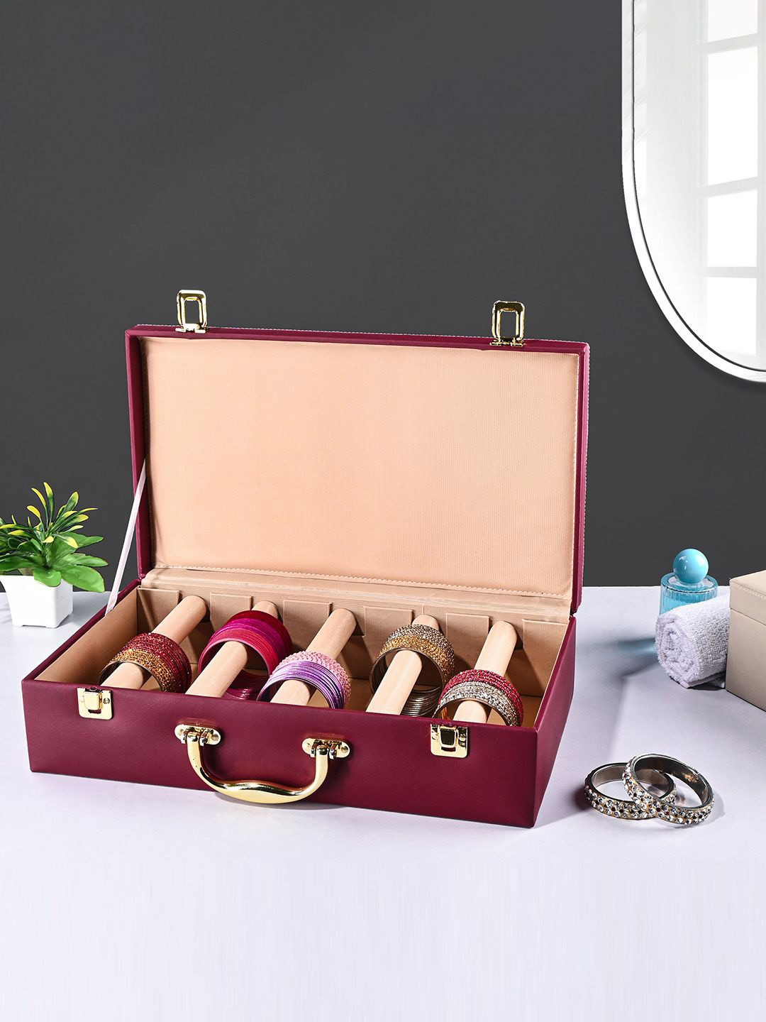 

Kuber Industries Maroon Printed Faux Leather 5 Rod Bangle Box Jewellery Organiser