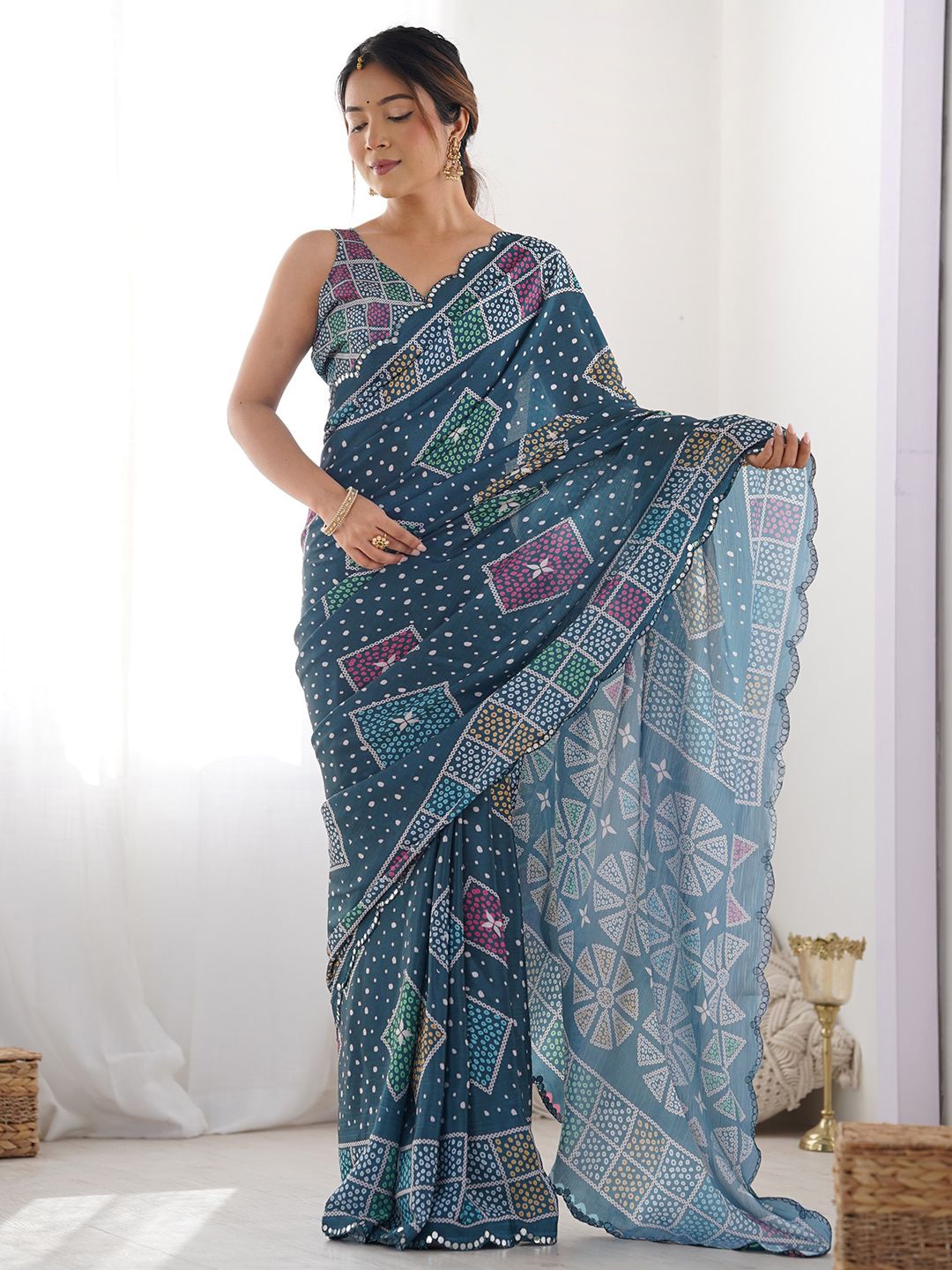 

Mitera Embellished Mirror Work Saree, Teal