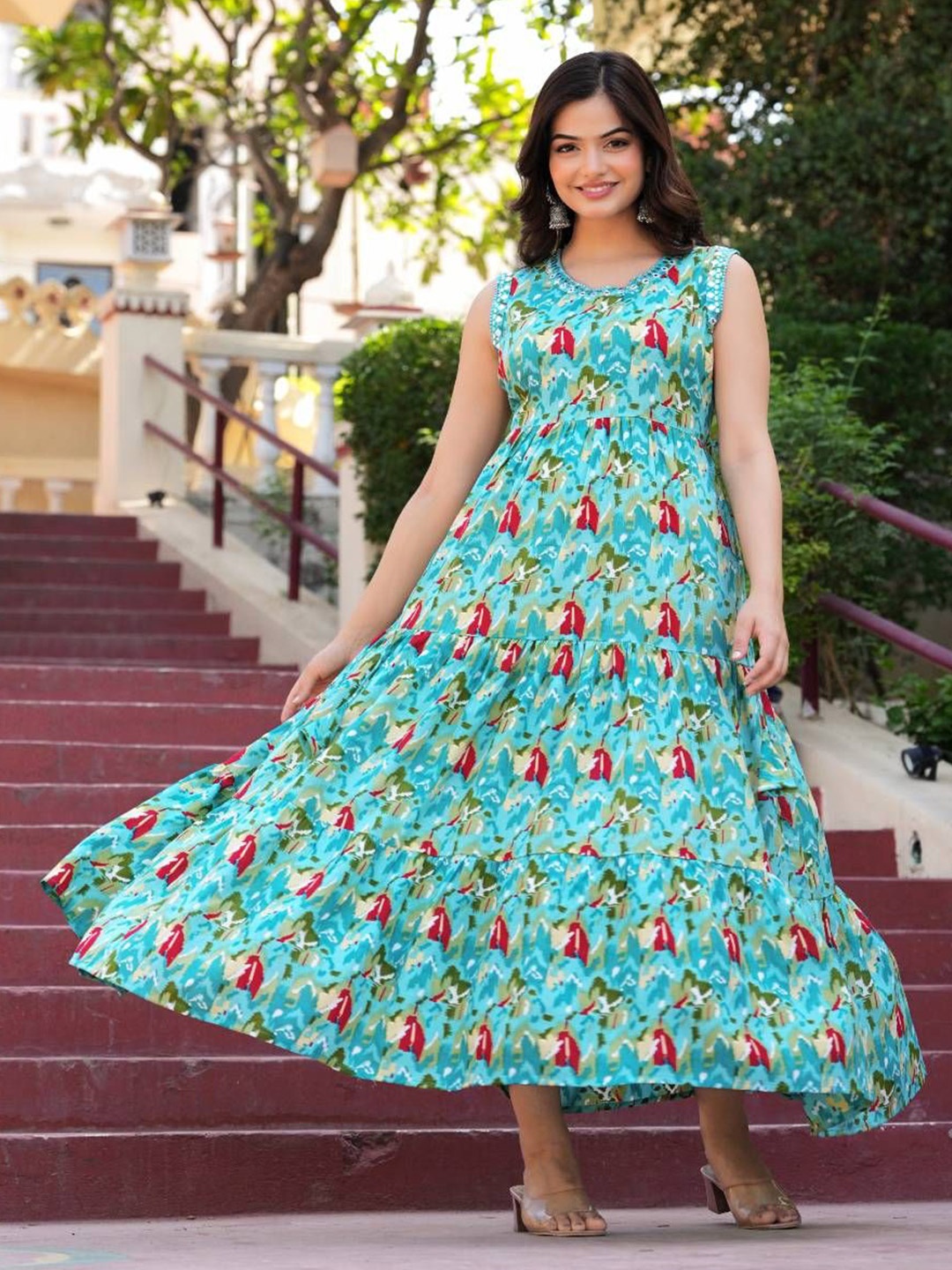 

CHARVI CREATION Women Printed Fit & Flare Maxi Dress, Turquoise blue