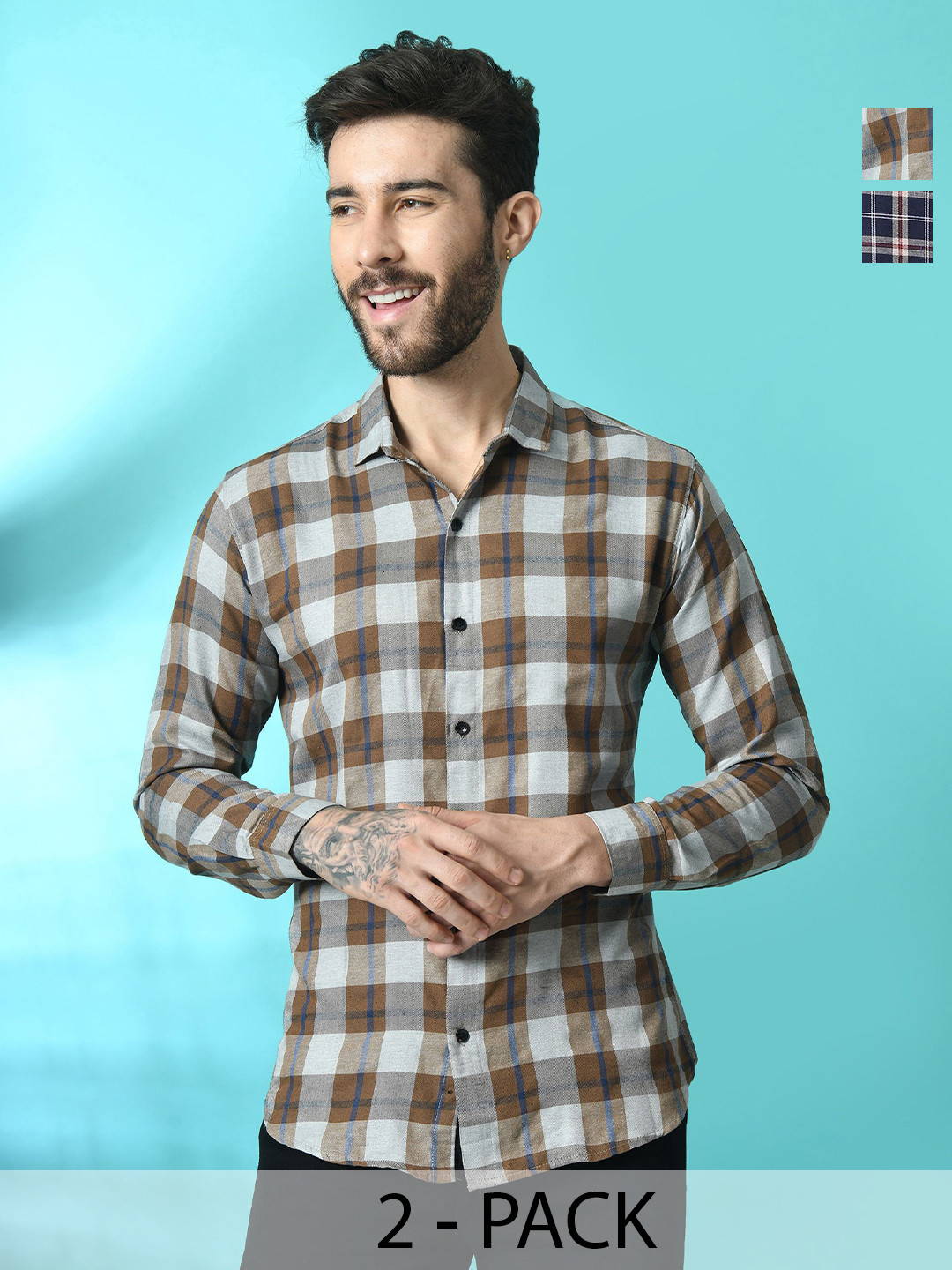 

Tanip Men Pack Of 2 Spread Collar Tartan Checked Cotton Casual Shirts, Navy blue