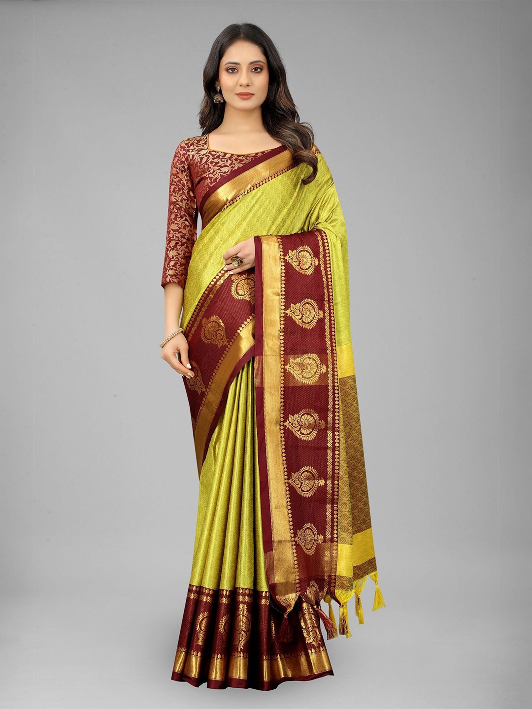 

A TO Z CART Ethnic Motifs Zari Kanjeevaram Saree, Yellow
