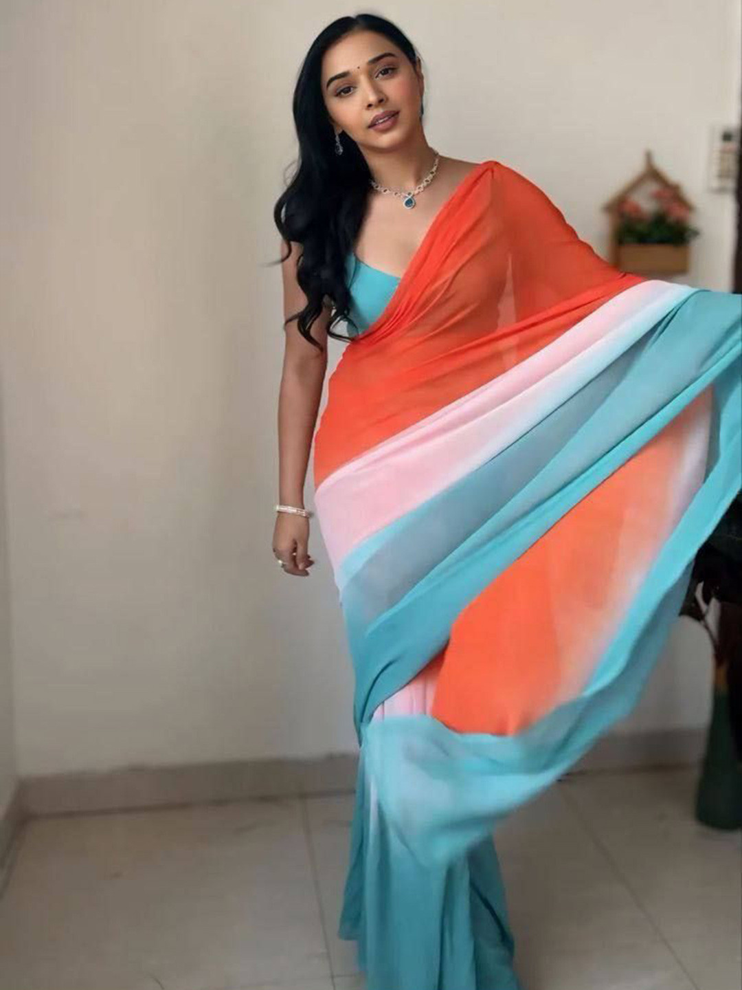 

ZIBLON Colourblocked Saree, Orange