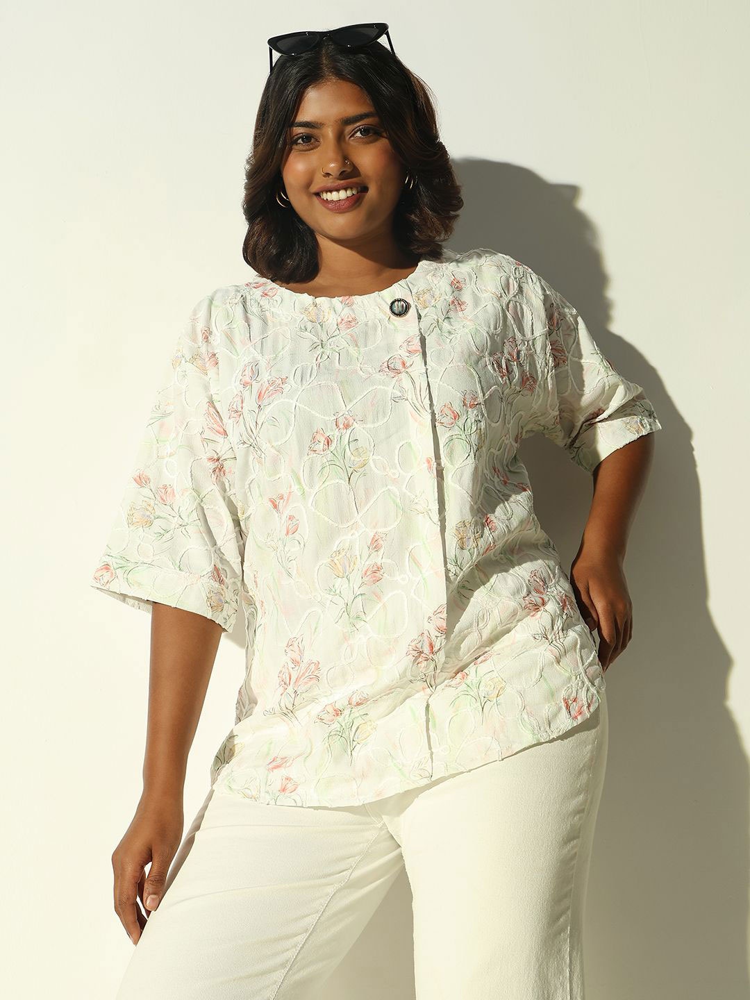 

SHOWOFF Floral Printed Embroidered Crepe Top, Off white