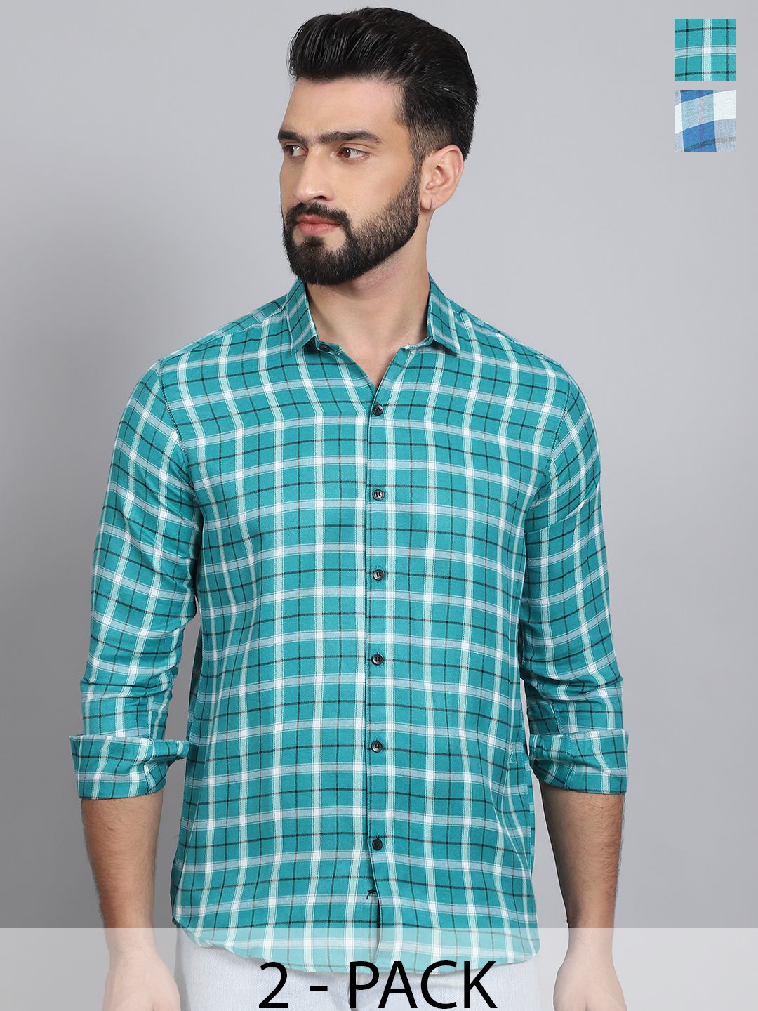 

Tanip Men Pack Of 2 Spread Collar Tartan Checked Cotton Casual Shirts, Sea green