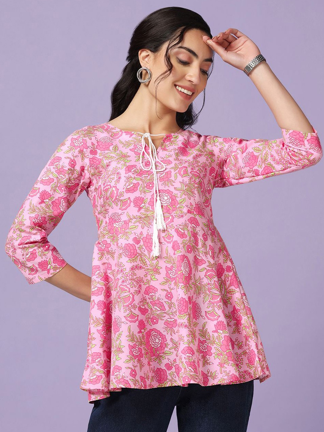 

Moda Rapido Women Floral Printed Tie-Up Neck Cotton Tunic, Pink