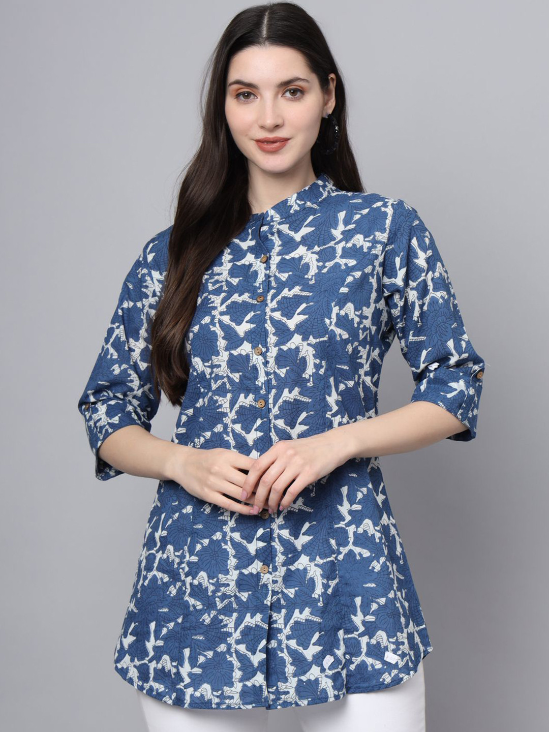 

BAESD Women Abstract Printed Cotton Shirt Style Top, Blue