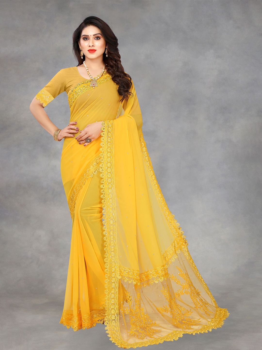 

A TO Z CART Embellished Beads and Stones Pure Georgette Saree, Yellow