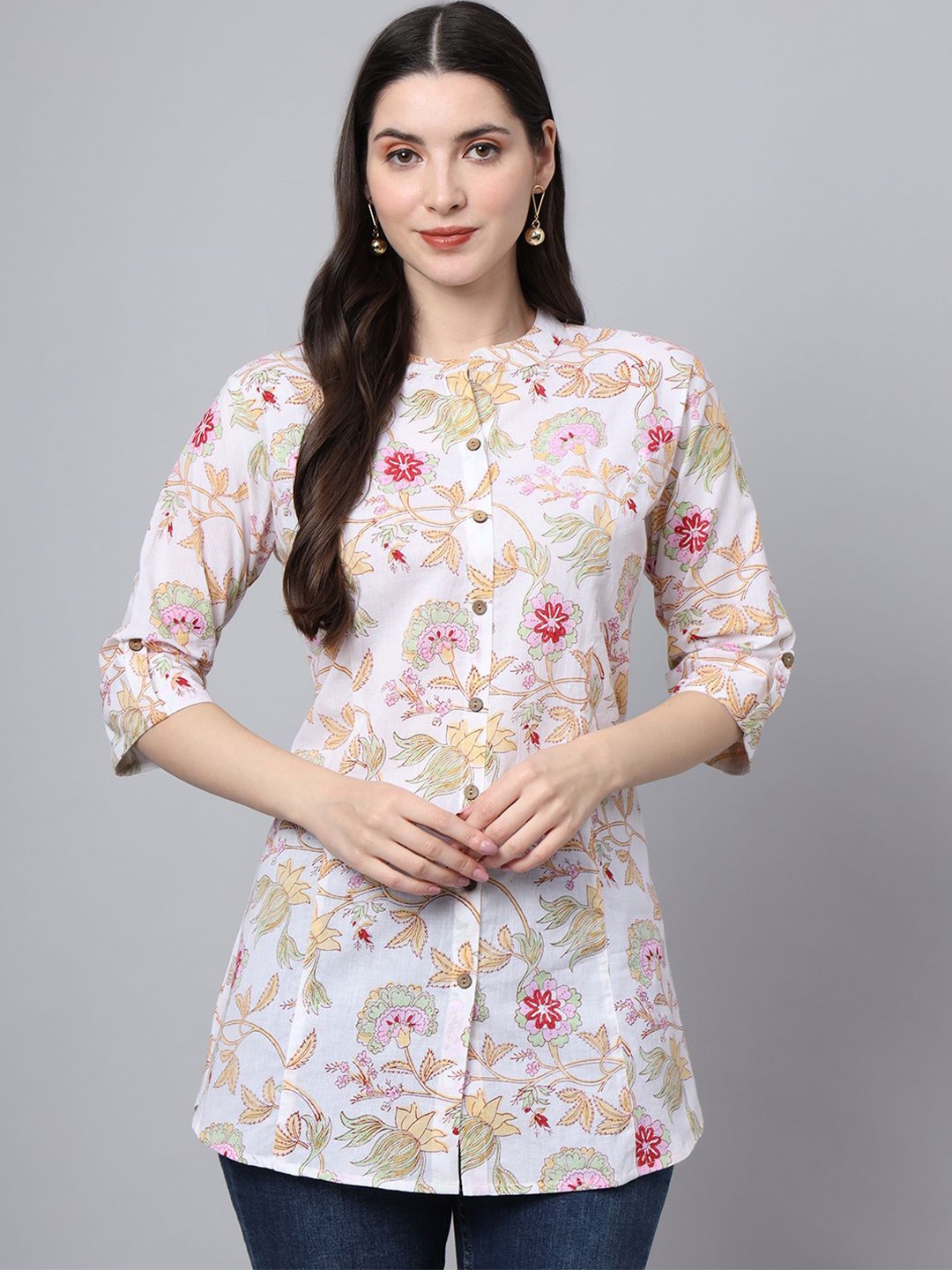 

BAESD Floral Print Mandarin Collar Roll-Up Sleeves Cotton Shirt Style Top, White