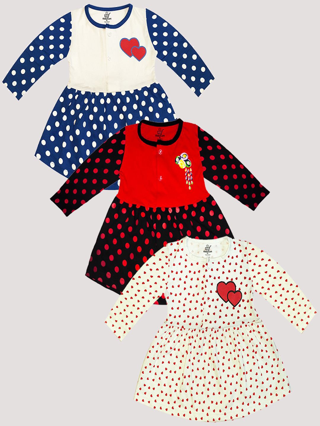 

KidzzCart Girls Pack Of 3 Polka Dots Printed Cotton Fit & Flare Knee Length Dress, Red