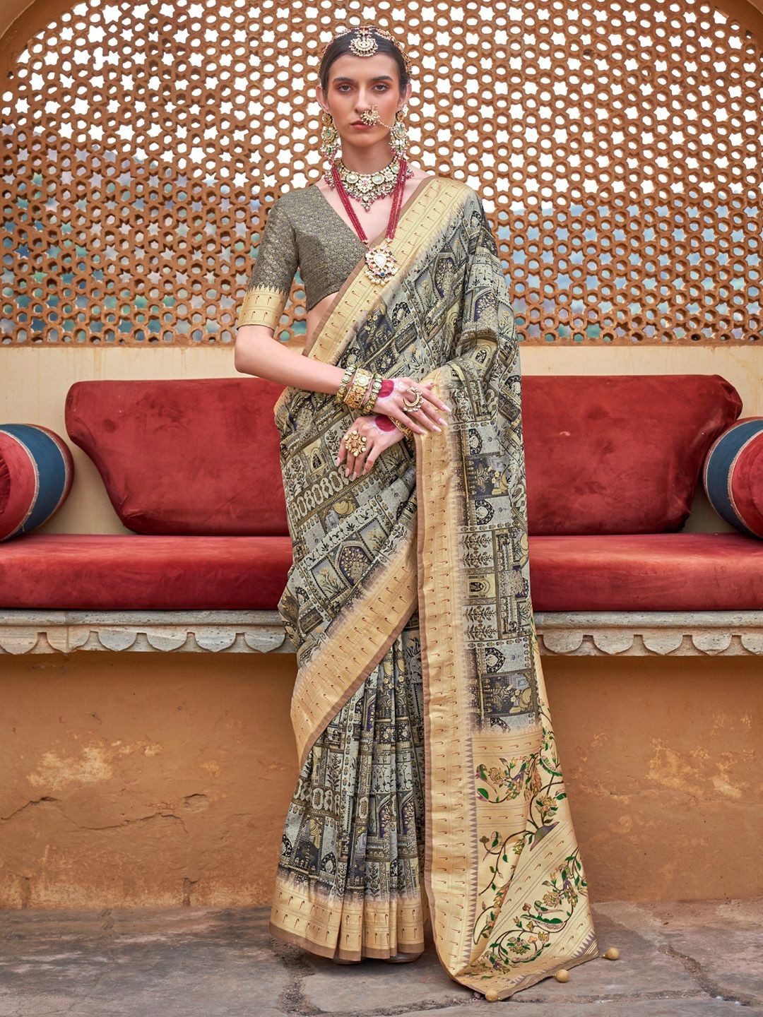 

Anouk Printed Zari Sungudi Saree, Sea green