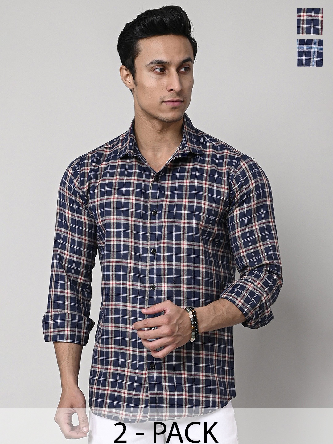 

Tanip Men Pack Of 2 Spread Collar Tartan Checked Cotton Casual Shirts, Olive