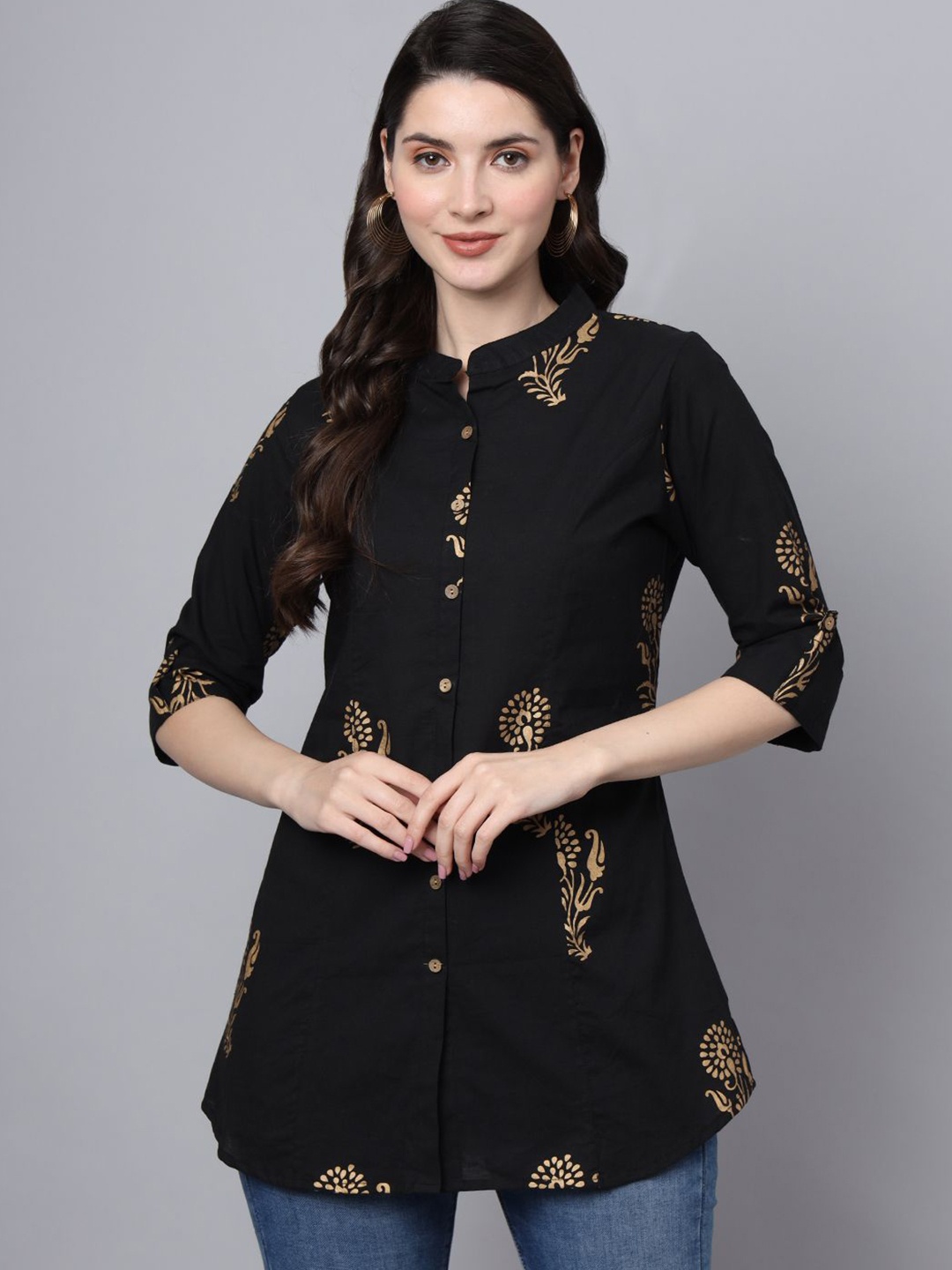 

BAESD Floral Printed Mandarin Collar Roll-Up Sleeves Cotton Shirt Style Top, Black
