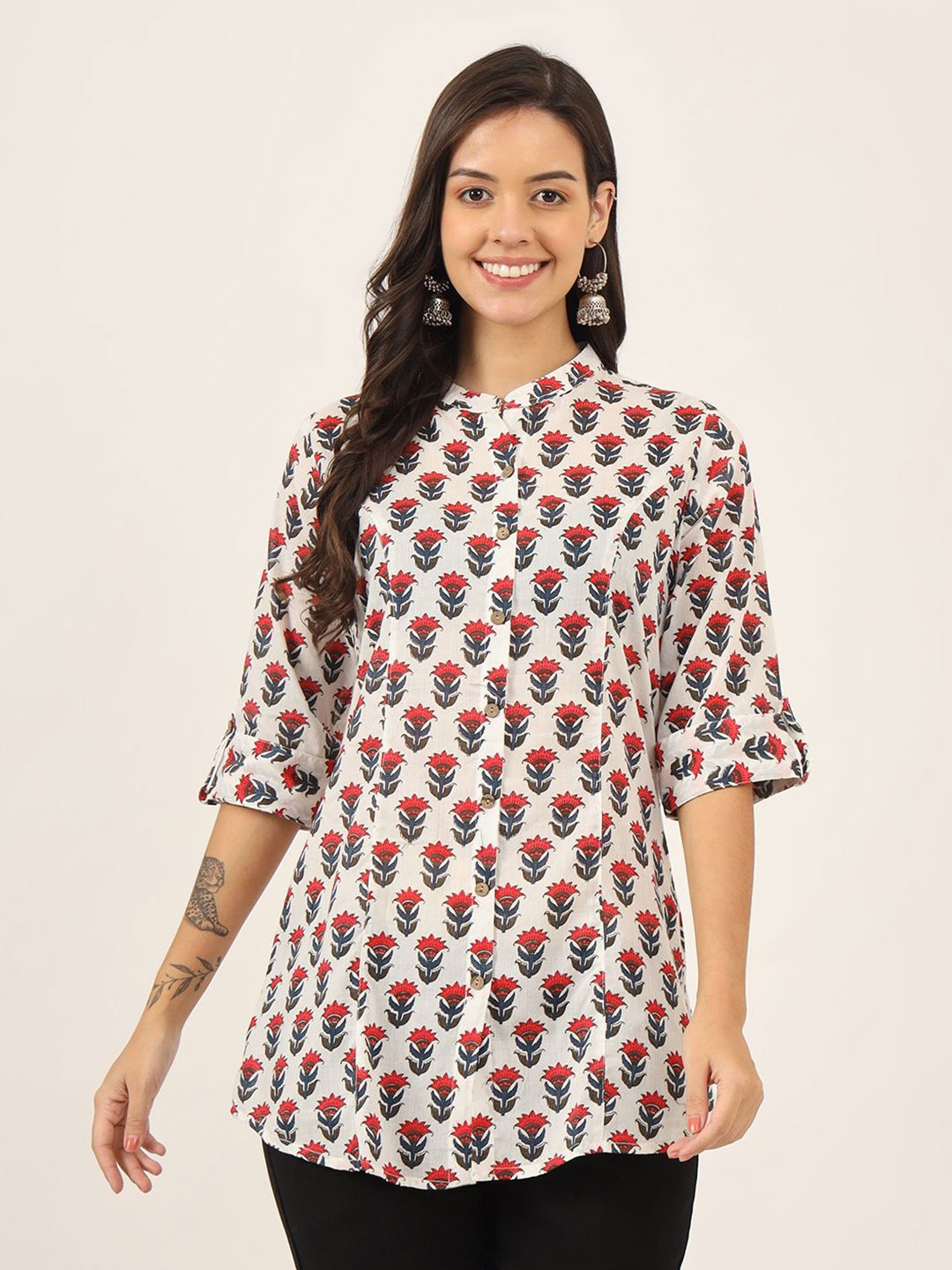 

BAESD Women Floral Printed Mandarin Collar Cotton Top, White