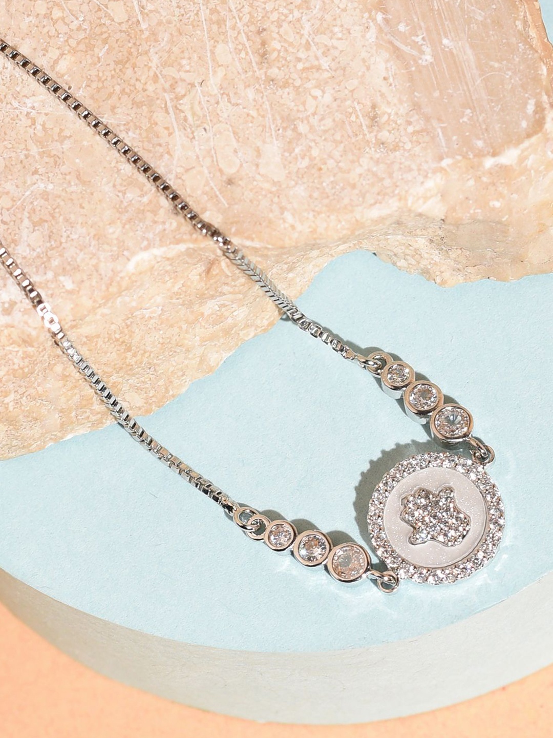 

XPNSV Silver-Plated American Diamond Studded Hamsa Charm Bracelet