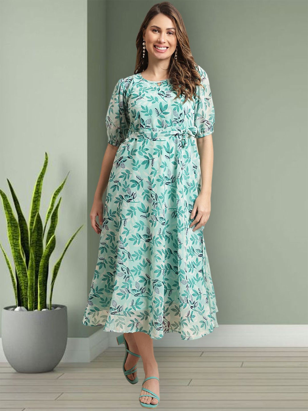 

Mast & Harbour Women Floral PrintED Puff Sleeve Fit & Flare Midi Dress, Turquoise blue