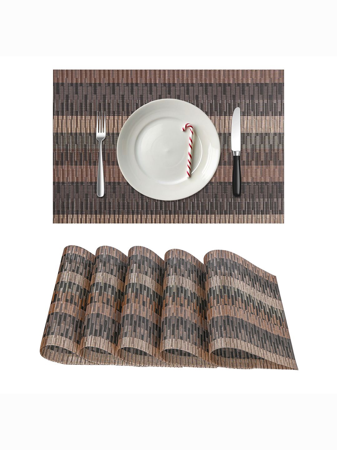 

Kuber Industries Brown & Beige 6 Pieces Striped Rectangular Shape Dining Table Mats
