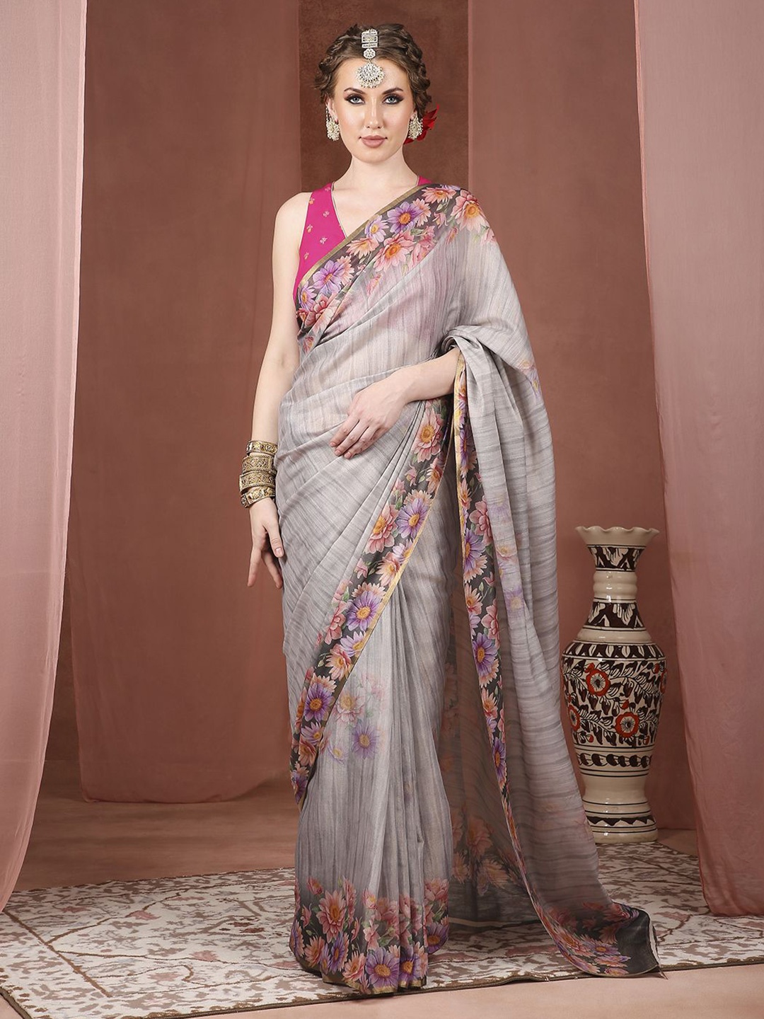 

JUST FASHION Floral Zari Banarasi Saree, Grey